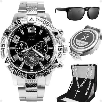 Relogio Masculino Aço + Oculos Sol + Cordão Cruz Inoxidável Pesado Cruz Casual Social Ponteiro Preto