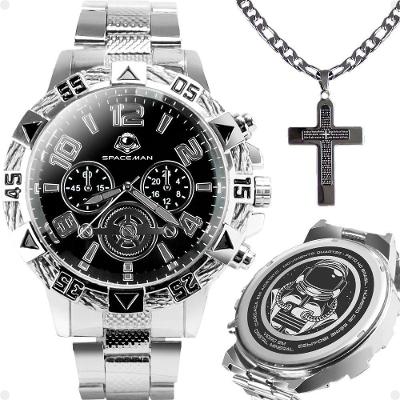 Relogio Masculino Aço Inox Prova Dagua + Cordão Crucifixo Religioso Original Pesado Mostrador Preto