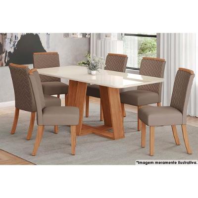 Sala de Jantar Completa Lins c/ Tampo Madeirado c/ Vidro Curvo 200x90cm e 6 Cadeiras Malu Nature/Marrom Amêndoa - Henn