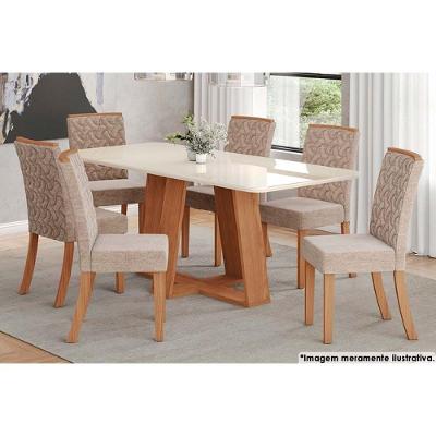 Sala de Jantar Completa Lins c/ Tampo Madeirado c/ Vidro Curvo 200x90cm e 6 Cadeiras Esther Nature/Creme - Henn
