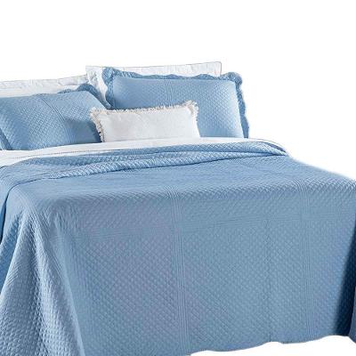 Kit Colcha Cobre Leito Usual Casal 3 Peças Micropercal 200 Fios Bordado - Azul Astral