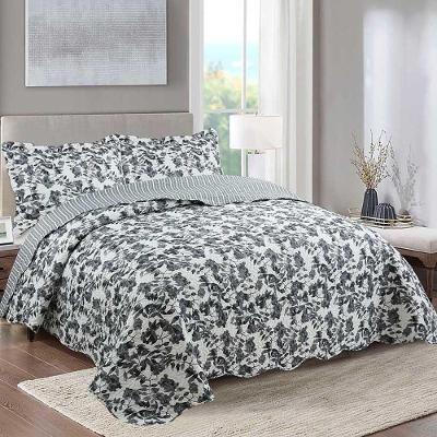 Kit Cobre Leito Colcha Daily Queen 3 Peças Dupla Face Estampado Floral - Cinza Floral
