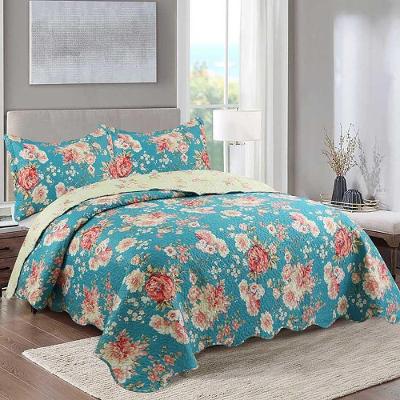 Kit Cobre Leito Colcha Daily Queen 3 Peças Dupla Face Estampado Floral - Vanessa Azul