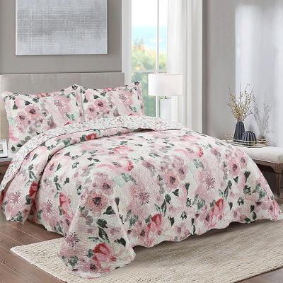 Kit Cobre Leito Colcha Daily King 3 Peças Dupla Face Estampado Floral - Sirlene Palha