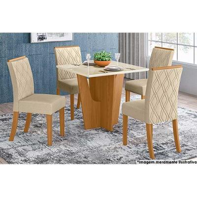 Sala de Jantar Completa Vértice Tampo Reto Madeirado c/Vidro 90x90cm e 4 Cadeiras Vita Nature/Veludo Light Linho - Henn
