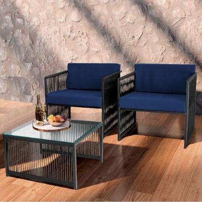 Conjunto De 2 Poltronas E Mesa De Centro Quadrada Com Tampo Preto/azul