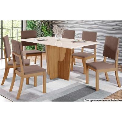 Sala de Jantar Completa Vértice Tampo Madeirado c/ Vidro 160x80cm e 6 Cadeiras Milla Nature/Marrom Amêndoa - Henn