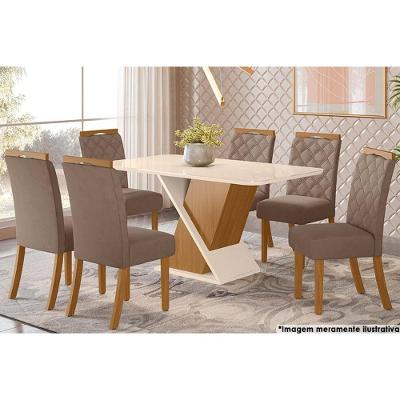 Sala de Jantar Completa Solus Tampo Curvo Madeirado c/ Vidro 160x90cm e 6 Cadeiras Bella Nature/Marrom Amêndoa - Henn