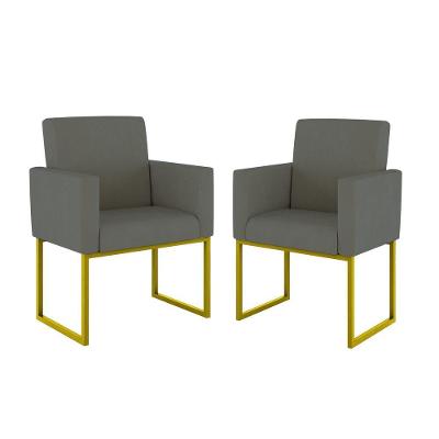 Kit 02 Cadeiras Poltronas Sala Quarto Base De Ferro Dourada Cinza