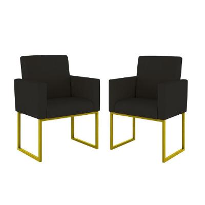 Kit 02 Cadeiras Poltronas Sala Quarto Base De Ferro Dourada Preto