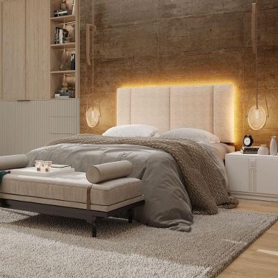 Cabeceira Estofada Iluminação Led Stella Cama Box Casal 140 Cm Buclé Bege