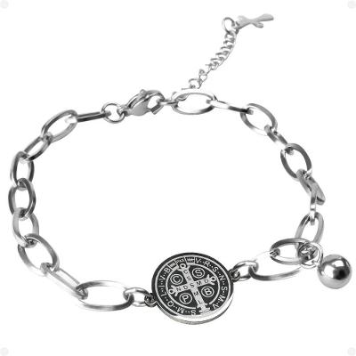São Bento Pingente + Aço Inoxidável Pulseira Masculina Prata Oração Social Casual Medalha Religiosa