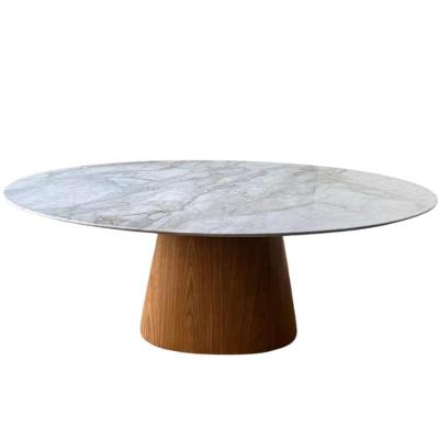 Mesa De Jantar Cone Oval 160x90 Cm Mármore Branco Extra Base Freijó