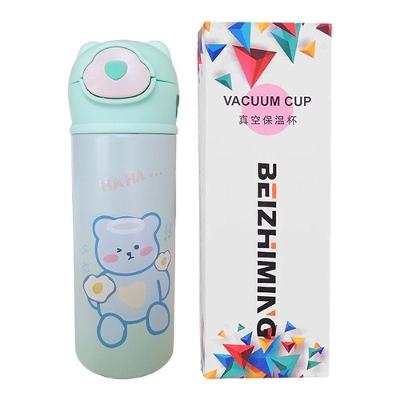 Garrafa Térmica Infantil Verde 420ml Com Tampa De Ursinho E Canudo Para Bebidas Quentes E Frias