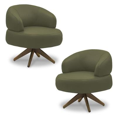 Kit 2 Poltronas Decorativas Katy Sala De Estar Base Giratória Em Madeira Couro Fendi G88 - Gran Belo