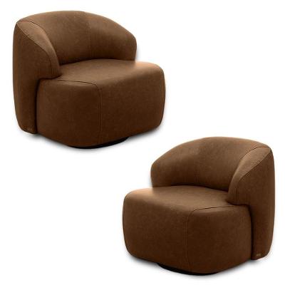 Kit 2 Poltronas Decorativas Charlote Sala De Estar Base Giratória Em Aço Couro Marrom Claro Manchado G88 - Gran Belo