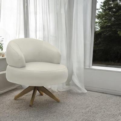 Poltrona Decorativa Katy Sala De Estar Base Giratória Em Madeira Couro Bege G88 - Gran Belo