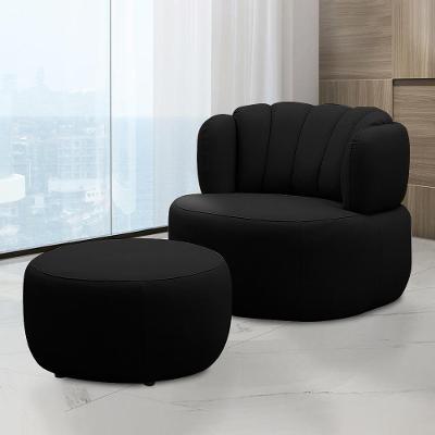 Conjunto Sala De Estar Mariele Poltrona Base Giratória Aço Com Puff Couro Preto