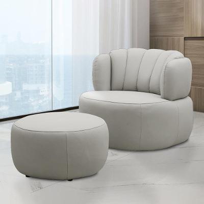 Conjunto Sala De Estar Mariele Poltrona Base Giratória Aço Com Puff Couro Off White