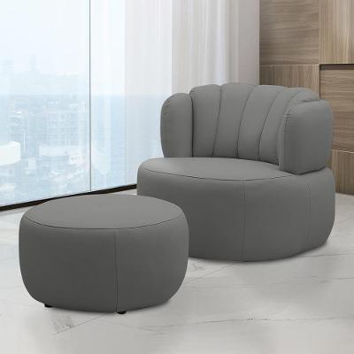 Conjunto Sala De Estar Mariele Poltrona Base Giratória Aço Com Puff Couro Grafite