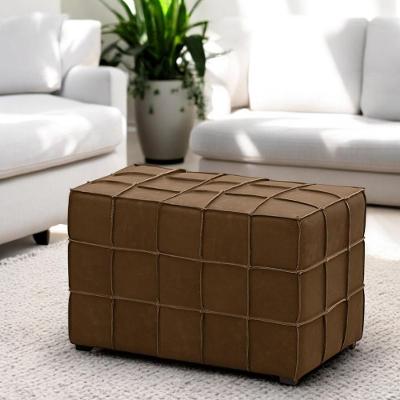 Puff Decorativo Augusto 70cm Sala De Estar Couro Marrom Claro Manchado G88 - Gran Belo
