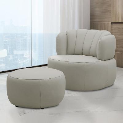 Conjunto Sala De Estar Mariele Poltrona Base Giratória Aço Com Puff Couro Bege