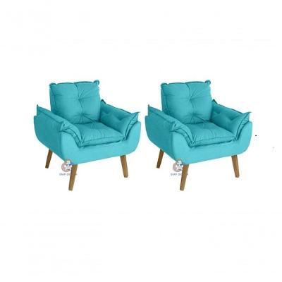Kit 02 Poltrona/cadeira Decorativa Glamour Com Pés Quadrado Azul Turquesa