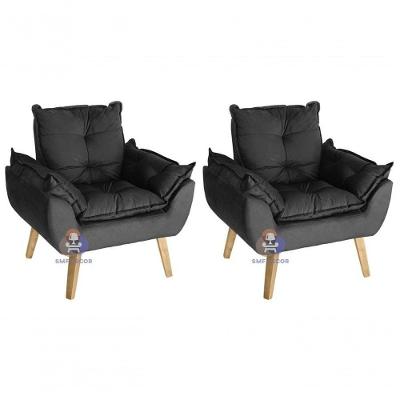 Kit 02 Poltrona/cadeira Decorativa Glamour Com Pés Quadrado Preto