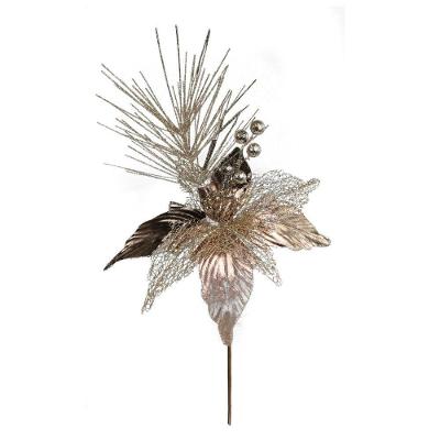 Galho Decorativo Flor Natal Bico De Papagaio Glitter Champanhe Luxo 28cm - Magizi