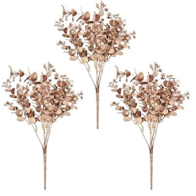 Kit 3 Galhos Natal Folhagens Metalizadas Glitter Rosê Gold 30cm - Magizi