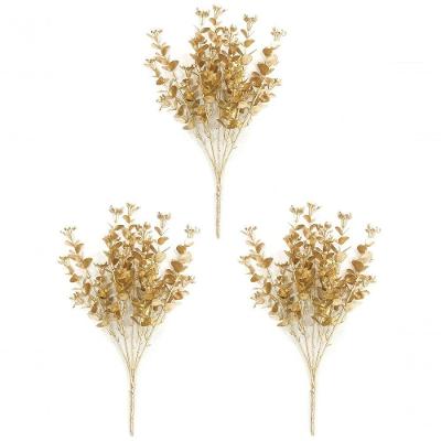 Kit 3 Galhos Natal Folhagens Metalizadas Glitter Dourado 30cm - Magizi