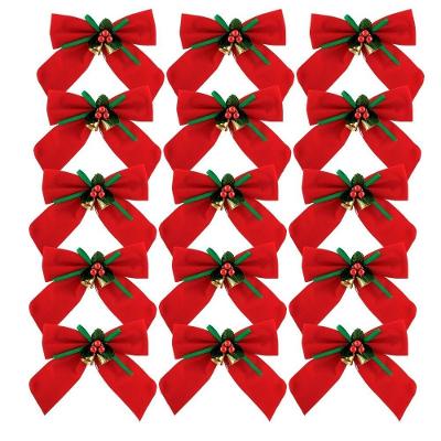 Kit 15 Laços Vermelho Aveludado Decorado Mini Sinos Dourado 11x11cm - Magizi