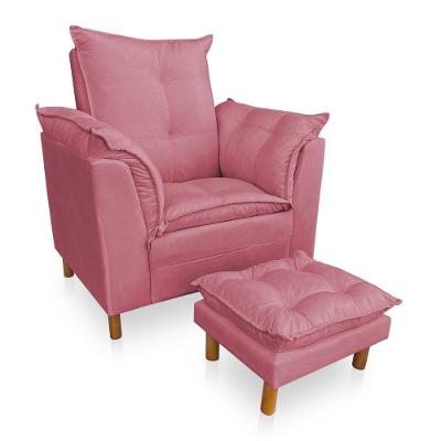 Kit Poltrona Amamentação Sara E Puff Veludo Rosa Sky Mobile