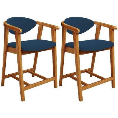 Kit 02 Banquetas Baixa Para Cozinha Sala Jantar Bancada Cecília L02 Suede Azul Marinho - Lyam Decor