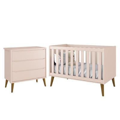 Jogo De Quarto Infantil Theo Retrô Cômoda 3 Gavetas E Berço Rosa Fosco Com Pés Amadeirado - Reller Móveis Rosa Fosco
