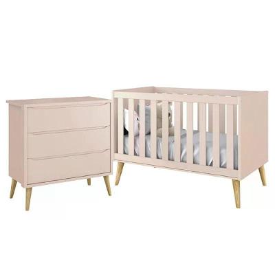 Jogo De Quarto Infantil Theo Cômoda 3 Gavetas E Berço Rosa Fosco Com Pés Madeira Natural - Reller Móveis Rosa Fosco