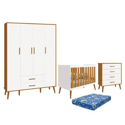 Dormitório Infantil Isis Guarda Roupa 4 Portas, Cômoda E Berço Branco Savana Com Colchão - Reller Móveis Branco Savana