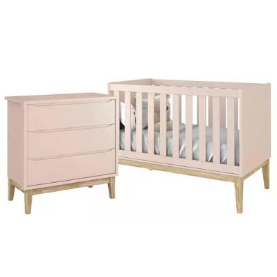 Jogo De Quarto Classic Cômoda 3 Gavetas E Berço Rosa Fosco Com Pés Madeira Natural - Reller Móveis Rosa Fosco
