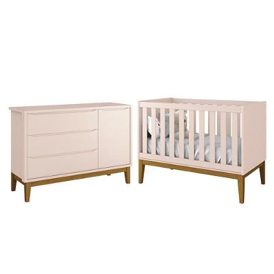 Jogo De Quarto Infantil Cômoda 1 Porta E Berço Classic Rosa Fosco Com Pés Amadeirado - Reller Móveis Rosa Fosco