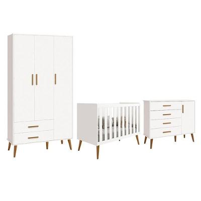 Dormitório Infantil Isis Guarda Roupa 3 Portas, Cômoda 1 Porta E Berço Branco - Reller Móveis Branco