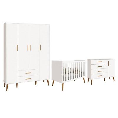 Dormitório Infantil Isis Guarda Roupa 4 Portas, Cômoda 1 Porta E Berço Branco - Reller Móveis Branco