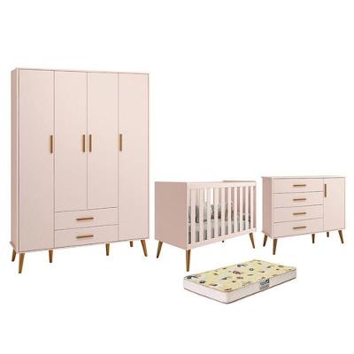 Dormitório Infantil Isis Guarda Roupa 4 Portas, Cômoda 1 Porta E Berço Rosa Com Colchão D18 - Reller Móveis Rosa