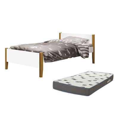 Cama Solteiro Simba Branco Fosco Pés Amadeirado Com Colchão D33 - Reller Móveis Branco Fosco