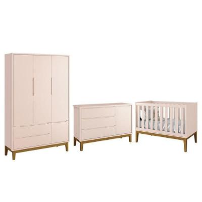 Dormitório Infantil Classic 3 Portas, Cômoda 1 Porta E Berço Rosa Fosco Com Pés Amadeirado - Reller Móveis Rosa Fosco