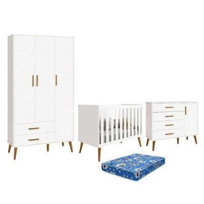 Dormitório Infantil Isis Guarda Roupa 3 Portas, Cômoda 1 Porta E Berço Branco Com Colchão - Reller Móveis Branco