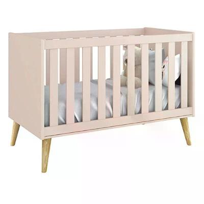 Berço Mini Cama Theo Rosa Fosco Com Pés Madeira Natural - Reller Móveis Rosa Fosco