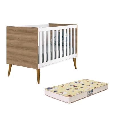 Berço Mini Cama Theo Retrô Branco Fosco Mezzo Com Pés Amadeirado E Colchão D18 - Reller Móveis Branco Fosco Mezzo