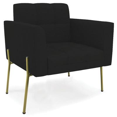 Poltrona Para Sala Pés Metálicos Dourado Ana Linho Preto - Ibiza