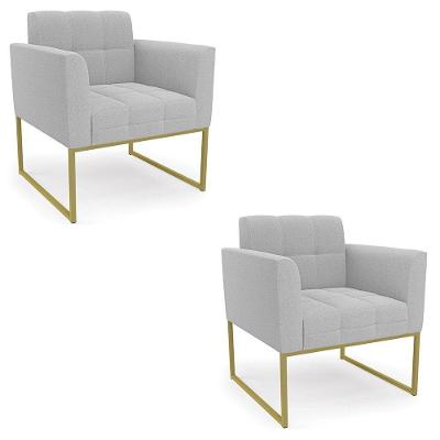Poltrona Sala Base Industrial Dourado Kit 2 Ana Bouclé Cinza - Ibiza