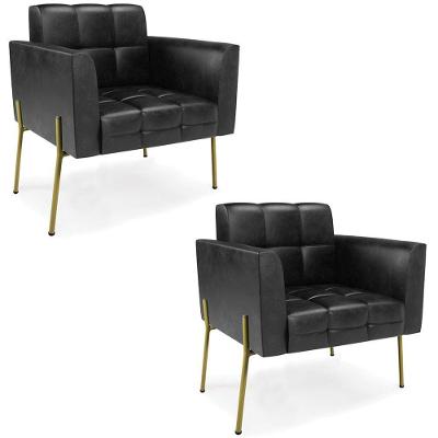 Poltrona Sala Pé Metal Dourado Kit 2 Ana Sintético Pu Preto - Ibiza